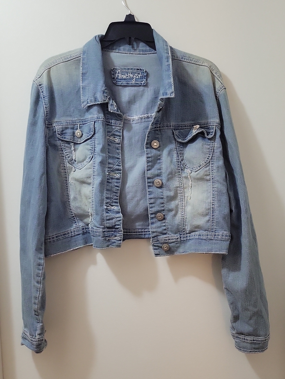 Distressed Amethyst Jeans Washed Light Blue Cropped Denim Jacket